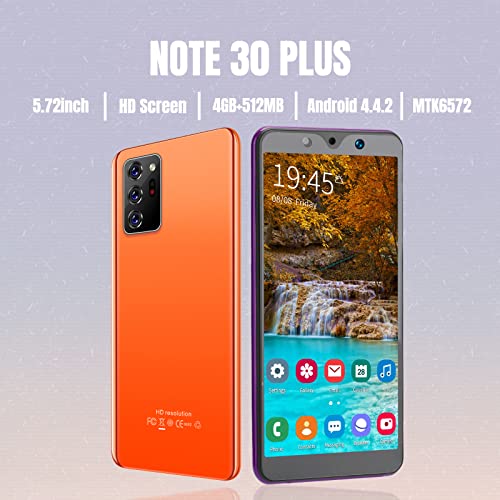 5.72in HD Full Screen Smart Phone, Note30 Plus Unlocked Smartphones, Dual Cards Dual Standby, 512MB+4GB Cell Phones, for Android 4.4.2, Support WiFi +BT+FM (Orange)