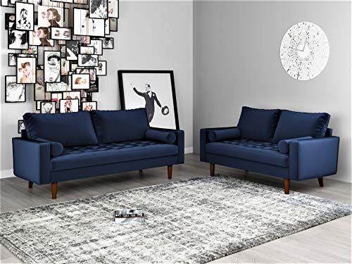 Container Furniture Direct Womble Modern Velvet Upholstered Living Room Diamond Tufted Chesterfield Sofa with Gleaming Nailheads, Misty Blue