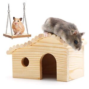 wooden hamster house for small pet, hanging wooden swing,chew toy, small animal hideout arched platform nesting habitat for gerbils guinea pigs hedgehog