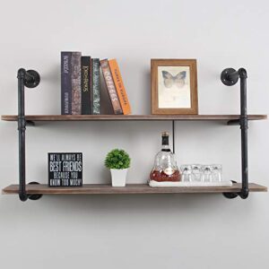 womio industrial pipe shelving wall mounted,rustic metal floating shelves,steampunk real wood book shelves,wall shelf unit bookshelf hanging wall shelves,farmhouse kitchen bar shelving(2 tier,44in)