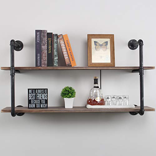 Womio Industrial Pipe Shelving Wall Mounted,Rustic Metal Floating Shelves,Steampunk Real Wood Book Shelves,Wall Shelf Unit Bookshelf Hanging Wall Shelves,Farmhouse Kitchen Bar Shelving(2 Tier,44in)