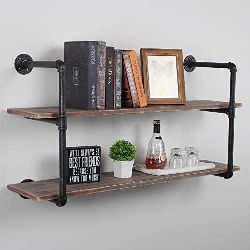 Womio Industrial Pipe Shelving Wall Mounted,Rustic Metal Floating Shelves,Steampunk Real Wood Book Shelves,Wall Shelf Unit Bookshelf Hanging Wall Shelves,Farmhouse Kitchen Bar Shelving(2 Tier,44in)