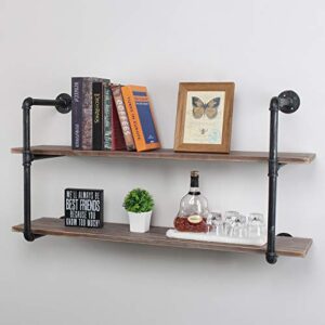 Womio Industrial Pipe Shelving Wall Mounted,Rustic Metal Floating Shelves,Steampunk Real Wood Book Shelves,Wall Shelf Unit Bookshelf Hanging Wall Shelves,Farmhouse Kitchen Bar Shelving(2 Tier,44in)