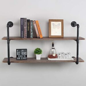 Womio Industrial Pipe Shelving Wall Mounted,Rustic Metal Floating Shelves,Steampunk Real Wood Book Shelves,Wall Shelf Unit Bookshelf Hanging Wall Shelves,Farmhouse Kitchen Bar Shelving(2 Tier,44in)