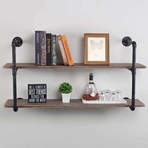 Womio Industrial Pipe Shelving Wall Mounted,Rustic Metal Floating Shelves,Steampunk Real Wood Book Shelves,Wall Shelf Unit Bookshelf Hanging Wall Shelves,Farmhouse Kitchen Bar Shelving(2 Tier,44in)