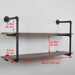 Womio Industrial Pipe Shelving Wall Mounted,Rustic Metal Floating Shelves,Steampunk Real Wood Book Shelves,Wall Shelf Unit Bookshelf Hanging Wall Shelves,Farmhouse Kitchen Bar Shelving(2 Tier,44in)