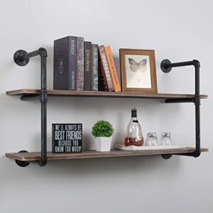 Womio Industrial Pipe Shelving Wall Mounted,Rustic Metal Floating Shelves,Steampunk Real Wood Book Shelves,Wall Shelf Unit Bookshelf Hanging Wall Shelves,Farmhouse Kitchen Bar Shelving(2 Tier,44in)