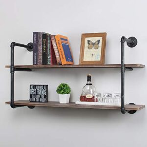 Womio Industrial Pipe Shelving Wall Mounted,Rustic Metal Floating Shelves,Steampunk Real Wood Book Shelves,Wall Shelf Unit Bookshelf Hanging Wall Shelves,Farmhouse Kitchen Bar Shelving(2 Tier,44in)