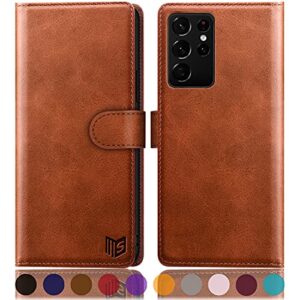 suanpot for samsung galaxy s21 ultra 6.8" with rfid blocking leather wallet case credit card holder,flip folio book phone case shockproof cover women men for samsung s21 ultra case wallet light brown