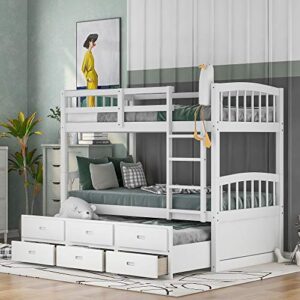harper & bright designs twin over twin bunk bed with storage drawers, solid wood bunk bed frame with trundle, for kids, teens, adults (white)