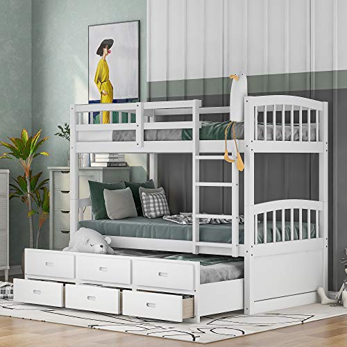 Harper & Bright Designs Twin Over Twin Bunk Bed with Storage Drawers, Solid Wood Bunk Bed Frame with Trundle, for Kids, Teens, Adults (White)