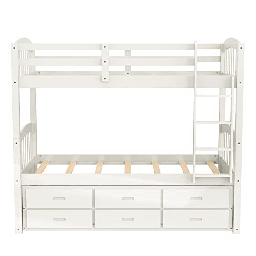 Harper & Bright Designs Twin Over Twin Bunk Bed with Storage Drawers, Solid Wood Bunk Bed Frame with Trundle, for Kids, Teens, Adults (White)