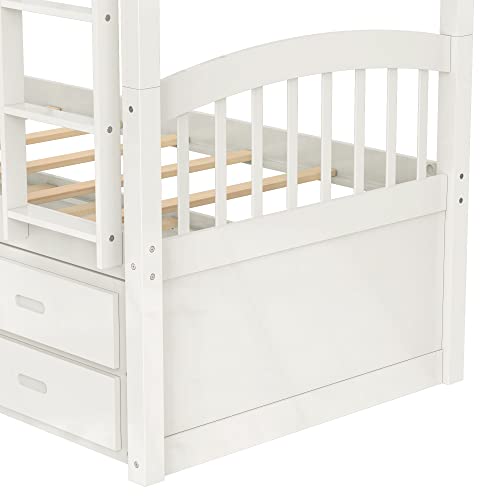 Harper & Bright Designs Twin Over Twin Bunk Bed with Storage Drawers, Solid Wood Bunk Bed Frame with Trundle, for Kids, Teens, Adults (White)