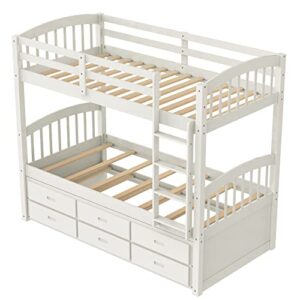 Harper & Bright Designs Twin Over Twin Bunk Bed with Storage Drawers, Solid Wood Bunk Bed Frame with Trundle, for Kids, Teens, Adults (White)