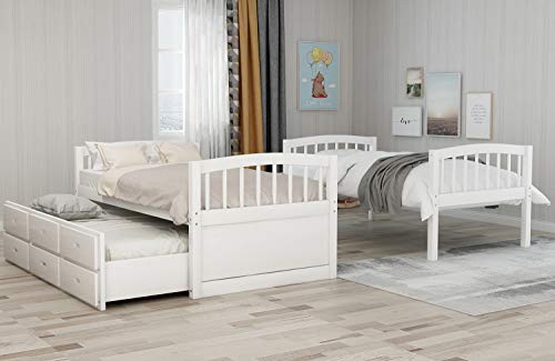 Harper & Bright Designs Twin Over Twin Bunk Bed with Storage Drawers, Solid Wood Bunk Bed Frame with Trundle, for Kids, Teens, Adults (White)