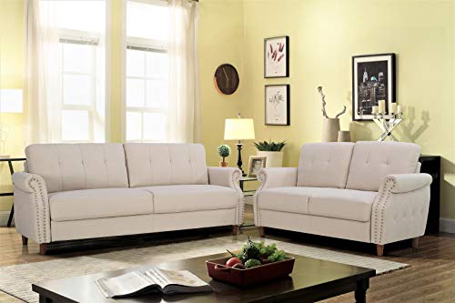 Container Furniture Direct Briscoe Ultra Modern Upholstered Button Tufted Back with Rolled Arms Living Room, Sofa, Biscuit