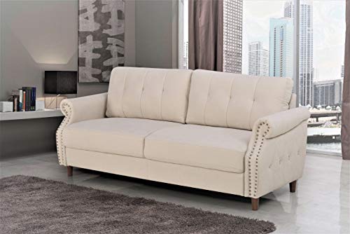 Container Furniture Direct Briscoe Ultra Modern Upholstered Button Tufted Back with Rolled Arms Living Room, Sofa, Biscuit