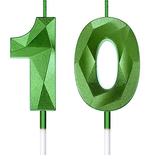 10th Birthday Candles Cake Numeral Candles Happy Birthday Cake Candles Topper Decoration 3D Number Candles Cupcake Topper for Birthday Wedding Anniversary Celebration Supplies (Green)