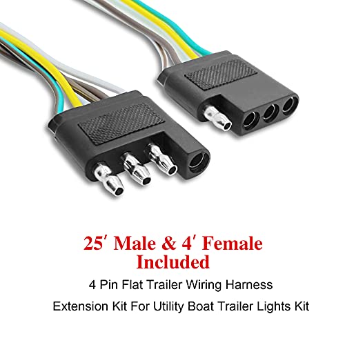 LIMICAR Trailer Wiring Harness Kit, 25ft Trailer Wire, Trailer Wiring Harness with 4 Flat Extension Connector, 4 Pin Flat Wishbond Trailer Wiring for Utility Boat Trailer Light Kit