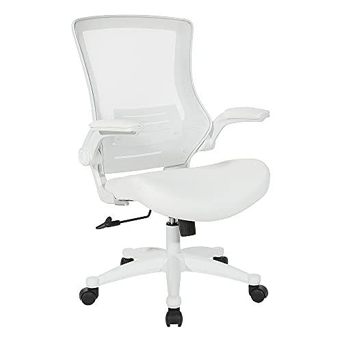 Office Star Ventilated White Screen Back Manager's Office Chair with Padded Flip Arms with White Nylon Base, White Faux Leather