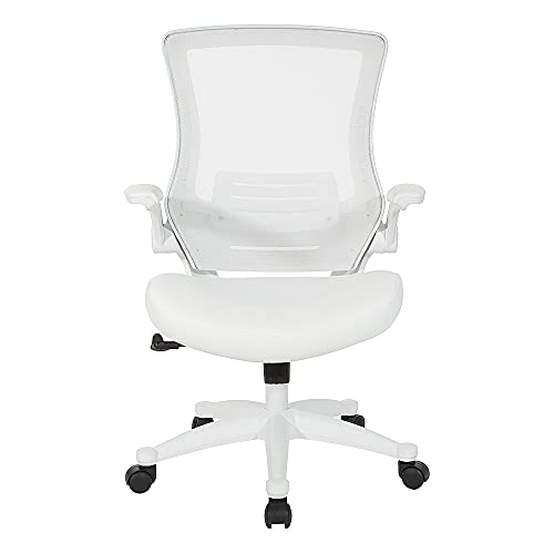 Office Star Ventilated White Screen Back Manager's Office Chair with Padded Flip Arms with White Nylon Base, White Faux Leather