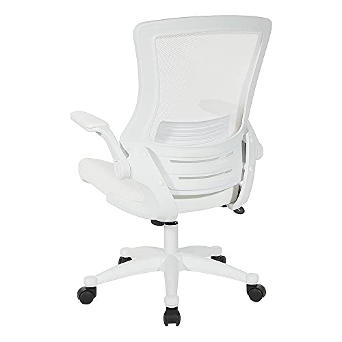 Office Star Ventilated White Screen Back Manager's Office Chair with Padded Flip Arms with White Nylon Base, White Faux Leather