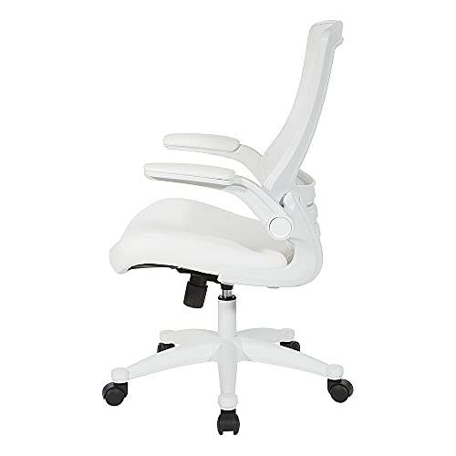 Office Star Ventilated White Screen Back Manager's Office Chair with Padded Flip Arms with White Nylon Base, White Faux Leather