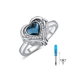 aoboco 925 sterling silver angel wings heart cremation ring holds loved ones ashes, heart urn ring for ashes for women, memorial keepsake ring embellished with crystals from austria (blue, 9)
