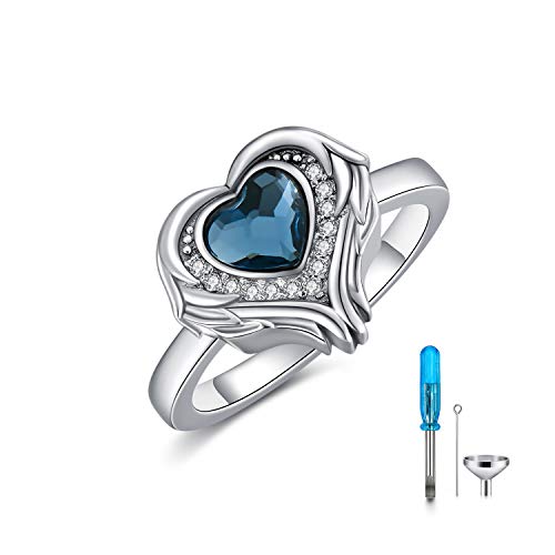 AOBOCO 925 Sterling Silver Angel Wings Heart Cremation Ring Holds Loved Ones Ashes, Heart Urn Ring for Ashes for Women, Memorial Keepsake Ring Embellished with Crystals from Austria (Blue, 9)