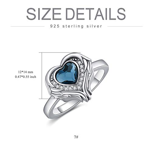 AOBOCO 925 Sterling Silver Angel Wings Heart Cremation Ring Holds Loved Ones Ashes, Heart Urn Ring for Ashes for Women, Memorial Keepsake Ring Embellished with Crystals from Austria (Blue, 9)