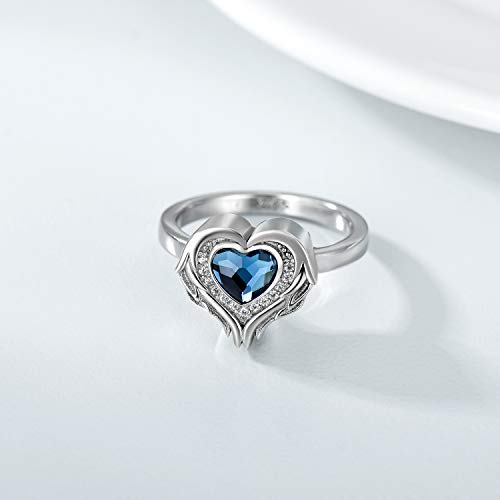 AOBOCO 925 Sterling Silver Angel Wings Heart Cremation Ring Holds Loved Ones Ashes, Heart Urn Ring for Ashes for Women, Memorial Keepsake Ring Embellished with Crystals from Austria (Blue, 9)