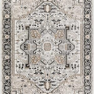 Hauteloom Cabacungan Traditional Persian Medallion Living Room Bedroom Area Rug - Machine Washable Distressed Carpet - Bohemian Oriental - Easy to Clean - Black, Grey, Beige - 9'3" x 12'