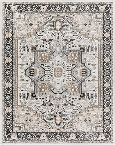 Hauteloom Cabacungan Traditional Persian Medallion Living Room Bedroom Area Rug - Machine Washable Distressed Carpet - Bohemian Oriental - Easy to Clean - Black, Grey, Beige - 9'3" x 12'