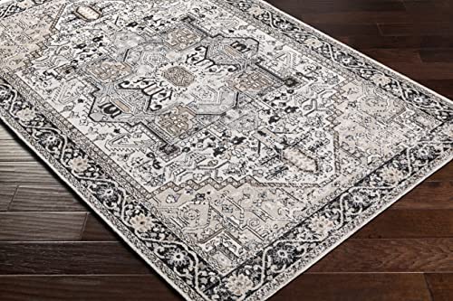 Hauteloom Cabacungan Traditional Persian Medallion Living Room Bedroom Area Rug - Machine Washable Distressed Carpet - Bohemian Oriental - Easy to Clean - Black, Grey, Beige - 9'3" x 12'