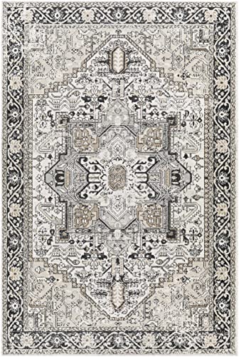 Hauteloom Cabacungan Traditional Persian Medallion Living Room Bedroom Area Rug - Machine Washable Distressed Carpet - Bohemian Oriental - Easy to Clean - Black, Grey, Beige - 9'3" x 12'