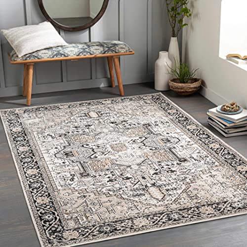 Hauteloom Cabacungan Traditional Persian Medallion Living Room Bedroom Area Rug - Machine Washable Distressed Carpet - Bohemian Oriental - Easy to Clean - Black, Grey, Beige - 9'3" x 12'