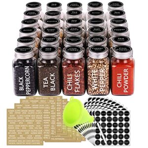 swommoly 30 glass spice jars 6 oz empty square spice bottles with 703 spice labels, chalk marker and funnel complete set. 30 spice containers with airtight cap, pour/sift shaker lid