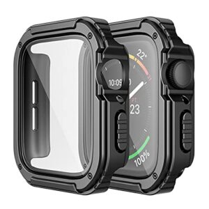 adepoy 2 pack rugged case compatible for apple watch 44mm series se/6/5/4 with tempered glass screen protector, military all around hard tpu protective cover case shockproof bumper for iwatch men 44mm