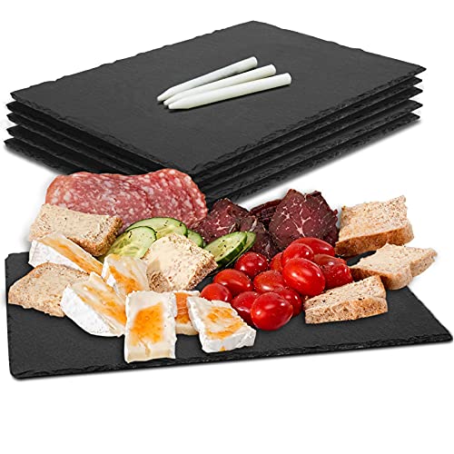 MAPRIAL Slate Cheese Boards, 6 Pack 9 x 6” Slate Plates Black Mini Charcuterie Boards Serving Tray Stone Plates Display Chalkboard with Soapstone Chalks for Sushi, Meats, Cheese, Cake, Appetizers