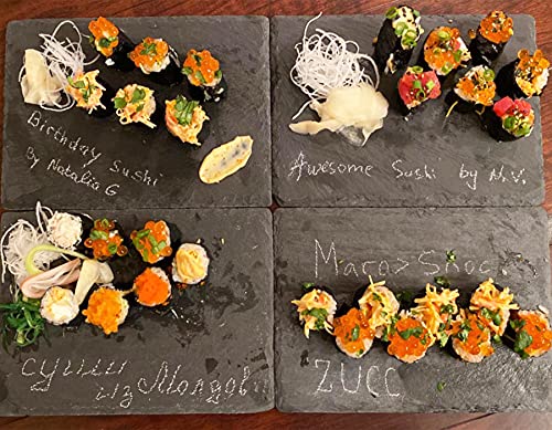 MAPRIAL Slate Cheese Boards, 6 Pack 9 x 6” Slate Plates Black Mini Charcuterie Boards Serving Tray Stone Plates Display Chalkboard with Soapstone Chalks for Sushi, Meats, Cheese, Cake, Appetizers