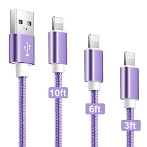 souina iphone charging cable purple 3pack (3ft 6ft 10ft) mfi certified iphone charger fast charging cable nylon braided phone chargers cord compatible with 12 pro 11 pro max 10 xr xs max 8 7 ipad