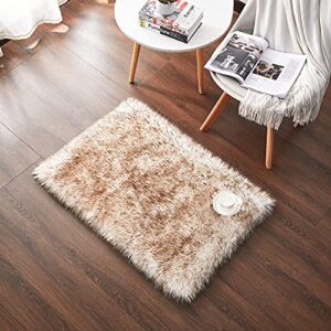 bedroom area rug, washable faux fur fluffy shag rugs, 2x3' modern non slip shaggy small rug for home decor living room, kids room bedside square soft plush carpets,milk brown