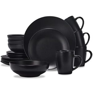 creativeland round stoneware dinnerware set durable kitchen and dining,16 piece service for 4,pasta bowls,large salad bowls,porcelain bowl,wide and shallow,microwave and dishwasher safe, matte black.
