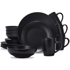 CREATIVELAND Round Stoneware Dinnerware Set Durable Kitchen and Dining,16 Piece Service For 4,Pasta Bowls,Large Salad Bowls,Porcelain Bowl,Wide and Shallow,Microwave and Dishwasher Safe, Matte Black.