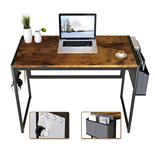 AWQM Computer Desk 39-Inch Writing Desk Home Office Small Study Workstation Industrial Style PC Laptop Table with Storage Bag and 4 Hanging Hooks