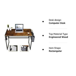 AWQM Computer Desk 39-Inch Writing Desk Home Office Small Study Workstation Industrial Style PC Laptop Table with Storage Bag and 4 Hanging Hooks