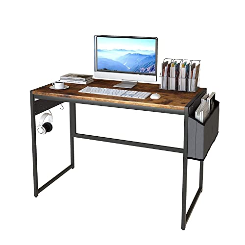 AWQM Computer Desk 39-Inch Writing Desk Home Office Small Study Workstation Industrial Style PC Laptop Table with Storage Bag and 4 Hanging Hooks