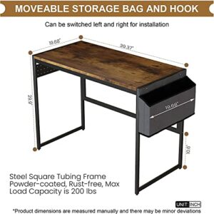 AWQM Computer Desk 39-Inch Writing Desk Home Office Small Study Workstation Industrial Style PC Laptop Table with Storage Bag and 4 Hanging Hooks