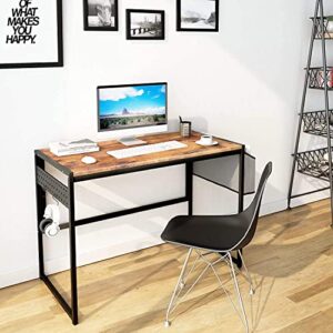 AWQM Computer Desk 39-Inch Writing Desk Home Office Small Study Workstation Industrial Style PC Laptop Table with Storage Bag and 4 Hanging Hooks