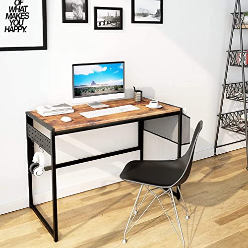 AWQM Computer Desk 39-Inch Writing Desk Home Office Small Study Workstation Industrial Style PC Laptop Table with Storage Bag and 4 Hanging Hooks